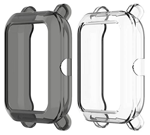 TenCloud Cases Compatible with Amazfit GTS 2 Mini/Bip U Pro Soft TPU Shockproof Case Protective Cover Bumper Protector for GTS 2 Mini Smartwatch (Black+Clear)
