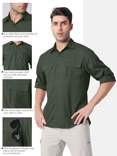 Camisa masculina FPS 50+ UV de manga comprida com proteção solar FPS com botões de secagem rápida, r