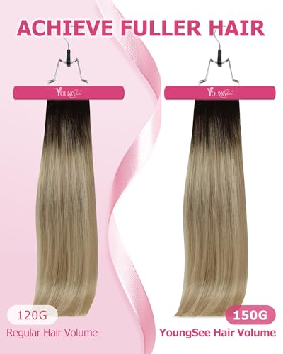Image of YoungSee Ombre Clip in Hair Extensions 18 Inch Invisible Clip on Hair Extensions Human Hair Medium Brown Ombre Golden Blonde Mix Platinum Blonde Balayage Clip in Extensions Real Human Hair 120G 7Pcs