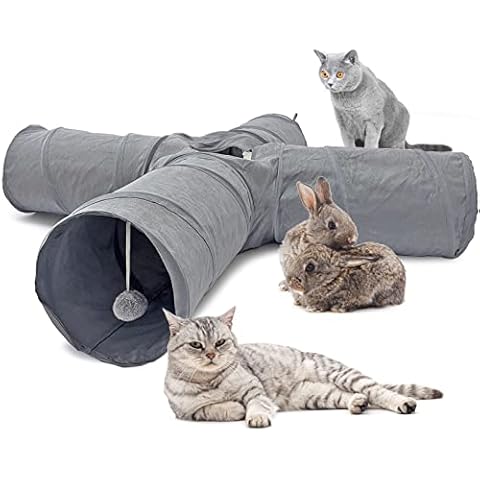 LeerKing Katzentunnel 4 Wege Kaninchen Tunnel Ohne Rascheln Katzenlabyrint cat Tunnel für Katzen Hase Grau 120 * 25cm Cover