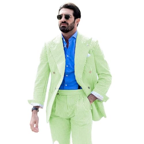 SPTALLFITJSV Emerald Green Double Breasted Seersucker Suit for Men Regular Fit 2 Piece Big and Tall Men's Suits for Wedding Prom Groomsmen Summer Seersucker Blazer Jacket Pants Set Fashion Size XL