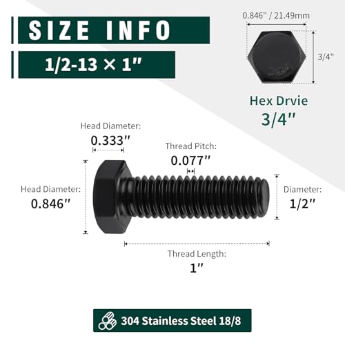 Image of 1 /2-13 x 1 Hex Head Bolts Black, 304 Stainless Steel 18-8 Hexagon Head Screws Bolts, Black Oxide Finish, Allen Hex Drive, 8 PCS