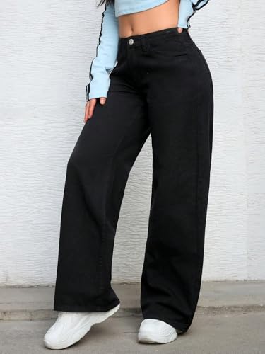 Image of Shasmi Women's Black Wide Leg Baggy Jeans High Waist Relaxed Fit Denim Pants - Loose Straight Fit Korean Style Oversized Casual Jean for Womens (Jeans 294)