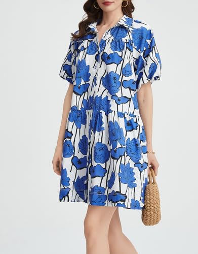 Kedera Women's Summer Button Down Shirt Dress Floral Puff Short Sleeve Casual Loose Fit Beach Mini Dresses3