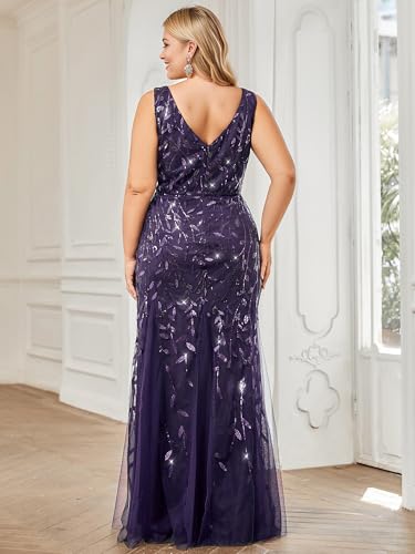 Image of Ever-Pretty Plus Sequin Formal Dresses Sleeveless V Neck Mermaid Ball Gowns Plus Size Prom Dress