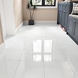 Wallercity 18PCS Glossy Marble White Peel and Stick Floor Tile Self Adhesive Bathroom Waterproof Stick on Floor Tile 12x12 Inch Sticky Tiles for Bedroom Living Room Kitchen Linoleum Flooring Sheets
