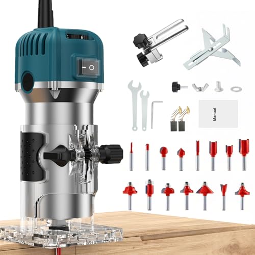 VOBOR Fresadora de Madera Rebajadora Eléctrica, 800W 30000 RPM Fresadora de Mano con 6 Velocidades Variables, 15 piezas 1/4'' Alicates, Pinza De Base Fija De 6/6.35MM