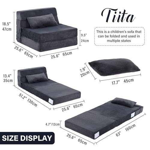 Image of Tiita Convertible Folding Kids Sofa Bed with Pillow & Storage Bag, Plush Fabric Floor Mattress Couch Bed, Washable Cover, Kids Room, Playroom, Dorm, Apartment, Navy
