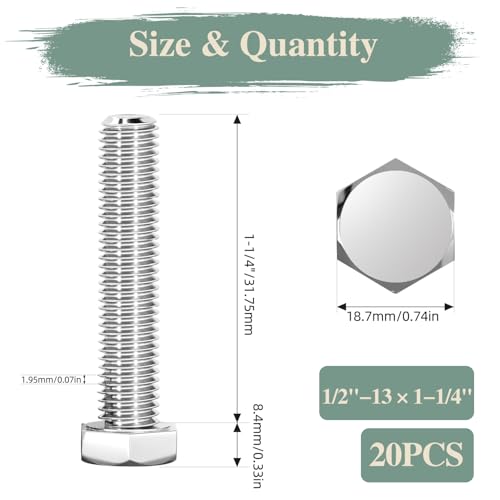 Image of 1 /2 inch-13 x 1-1 /4 inch Hex Head Screw Bolt, 20Pcs Stainless Steel 304 (18-8), Fully Threaded Bolts, Plain Finish