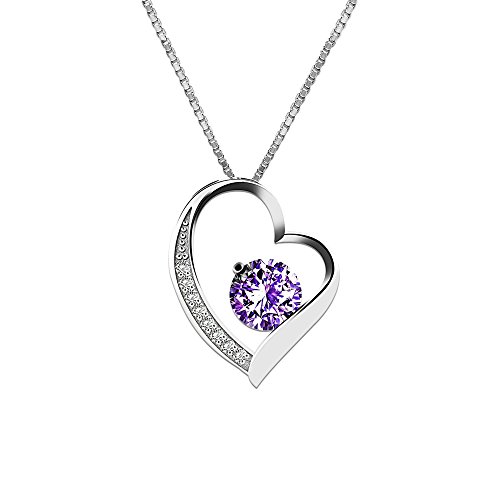 (Purple Heart) - ONECK Silver Necklace for Women Ladies Jewellery 925 Sterling Silver Love Heart & The Eye of Lover Crystal Pendant Necklace with Exquisite Jewellery Gift Box - Box Chain 46cm