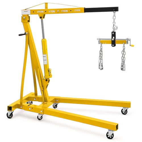 2 Ton Folding Hydraulic Engine Hoist with Lever Folding Engine Shop Crane Hoist Lift Heavy Cherry Picker with 6 Wheels for Garage Workshop Gold