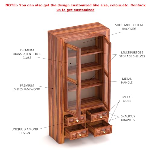 Image of Solid Sheesham Wood Book Cabinet | Tall Wooden Storage Unit with Glass Doors & 4 Drawers | Multipurpose Display Shelf for Living Room & Office | Natural Finish