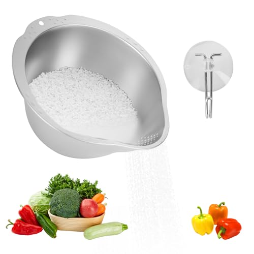 PUCOHOUSE Rice Washer Strainer Bowl- 4-in-1 Washing Bowl for Quinoa,Stainless Steel Rinser With Side Drainers Small Colander for Cleaning Fruits, Vegetables, and Beans - Versatile Kitchen Tool