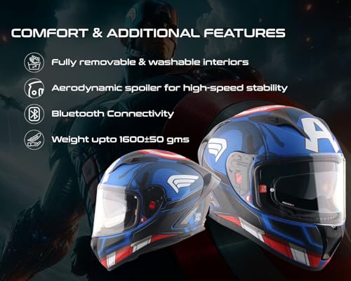 Image of Axor Street Marvel Captain America ISI ECE and DOT Certified Lightweight Full Face Helmet for Men and Women with Scratch and UV Resistant Dual Visors with Anti-Fog Pin Lock System-Blue Red White-M