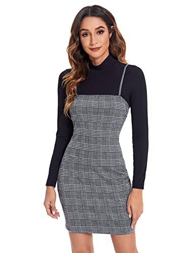 Verdusa Women s Spaghetti Strap Plaid Print Bodycon Cami Dress Grey XS