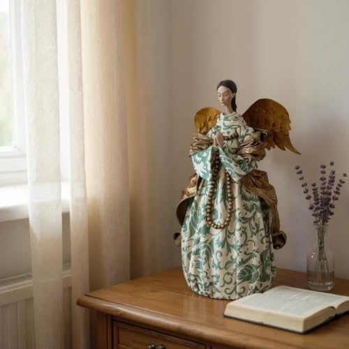 Golden Winged Christmas Angel 19.5" Tall Light Green and Ivory Garment with Golden Bead Strand and Shawl3