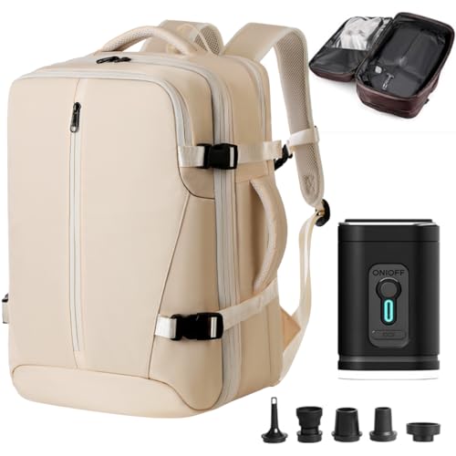 Mochila Mala De Bordo 10kg Expansível Com Compressão A Vácuo Porta Notebook 15,6 Viagem Impermeável Antifurto Grande Capacidade Para Avião Trabalho Dia a Dia (Bege)