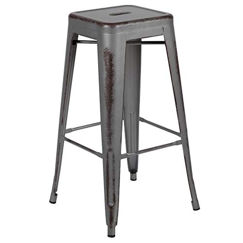 Flash Furniture Kai - Taburete de Bar de Metal Gris Plateado Envejecido de Grado Comercial, 4 Unidades, 76 cm de Alto, para Interiores y Exteriores