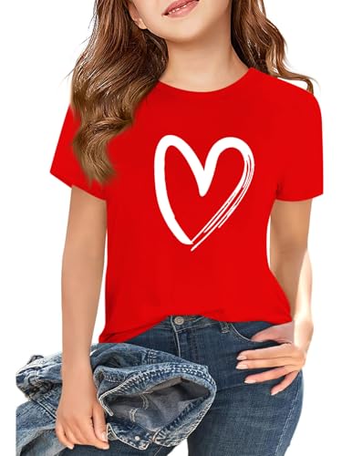 Girls Heart Graphic Print Short Sleeve T Shirts Kids Summer Casual Basic Tee Shirts Loose Fit Tops(Red Xin 160)