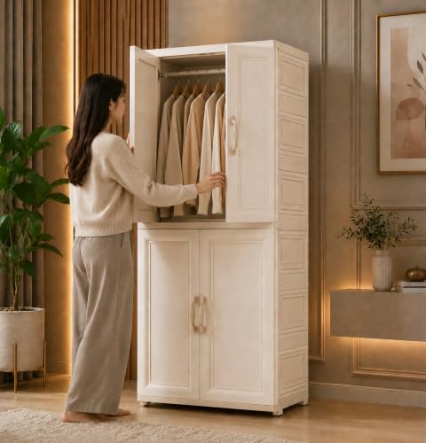 Image of Kids Plastic Wardrobe for Clothes Storage | Baby Cupboard & Almirah with Hanging Rod & Shelves | Portable Collapsible Storage Cabinet for Bedroom | Cartoon Kids Wardrobe