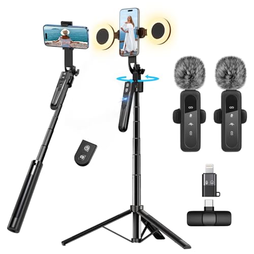 Content Creator Vlogging Kit for iPhone/Android,70-inch Al Auto Face Tracking Tripod for iPhone with Light and Wireless Microphones,TikTok/YouTube Starter Kit