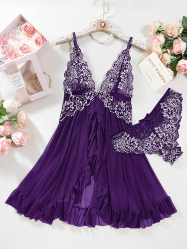 Image of Foxiny Sexy Open Front V Neck Ruffle Sheer Mesh Lace Wireless Babydoll Lingerie Dress with Thong 2 Piece
