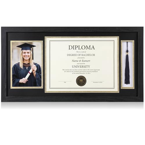 Briwooody 11x22 Diploma Frame with Tassel Holder for 8.5x11 Certificate and 5x7 Photo with Black over Gold Mat High Definition Glass with Gold Beads