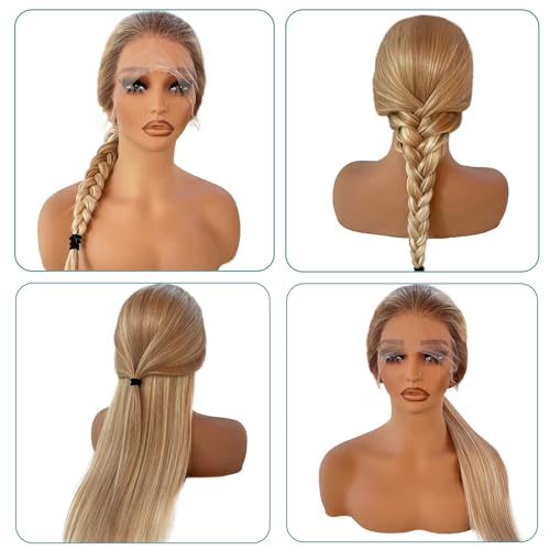 Image of Munx Highlight Blonde Lace Front Wigs for White Women, 180% Density 30in Balayage Ombre Blonde #613 with Brown Human Hair Wig 100% Unprocessed Real Hair 13X4 Glueless Wigs Pre Plucked with Baby Hair