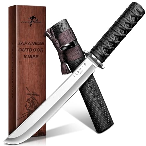 Purple Dragon Japanese Fixed Blade Knife - Forged from a Single Piece of D2 Steel - Samurai Knife with Wooden Sheath for Camping - Outdoor Gifts for Men