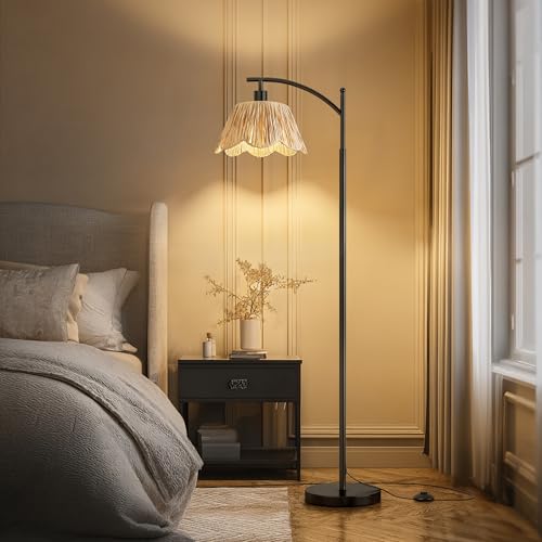 Image of Oneach Boho Rattan Floor Lamp for Living Room, Farmhouse Standing Lamp with Hand-Woven Shade, Black Metal Base & Pole, Foot Switch - Corner Reading Lamp for Bedroom