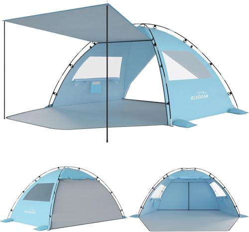 Elegear Strandmuschel für 6-7 Personen, mit Erweiterbare Sonnendach Strandmuschel UV Schutz 50+ mit 2 Fenster, Hintertür mit Reißverschluss, Tragbares Strandzelt für Familie, Sonnenschutz Strand