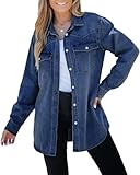 luvamia Long Denim Jacket for Women Lightweight Trendy Jean Button Down Shirts Jackets Oversized Shackets with Pockets Womens Denim Jacket Long Sleeve Button Up Shirts for Women Coogee Blue Size Large