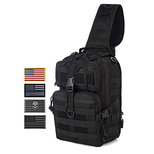 J.CARP Tactical EDC Sling Bag Pack, Military Rover Shoulder Molle Backpack, with 4 Patches, Black
