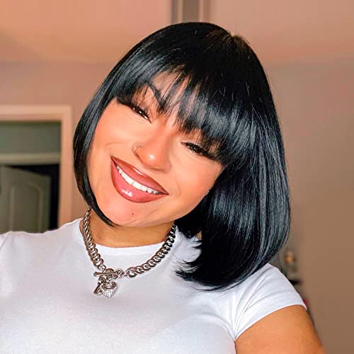 ToyoTress Short Bob Wigs With Bangs - 12 Inch Jet Black Yaki Straight Hair Daily Costume Wig For Black Women...