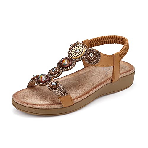SHIBEVER Womens Flats Sandals Bohemia Beaded Open Toe Elastic Ankle Strap Sandals Summer Comfortable Beach Shoes Sandal