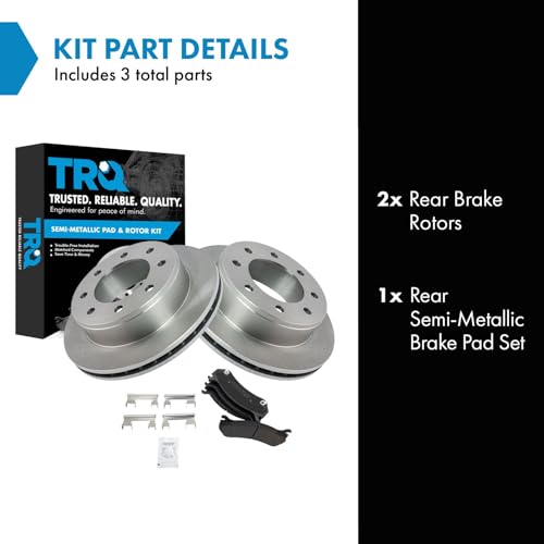 Image of TRQ Rear Brake Pad and Rotor Set Semi Metallic Compatible with 1999-2007 Chevrolet Silverado 1500 2500 HD Suburban 2500 2000-2007 GMC Sierra 1500 2500 HD Yukon XL 2500 2003-2009 Hummer H2