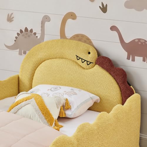 Image of Full Bed Frame for Kids, Floor Platform Bed Dinosaur, Yellow