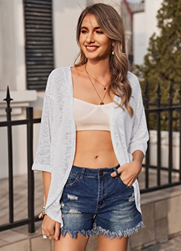 Hotouch Womens Open Front Cardigan Sweaters 3/4 Sleeve Casual Loose Holiday Beach Coverups White L #TOP2