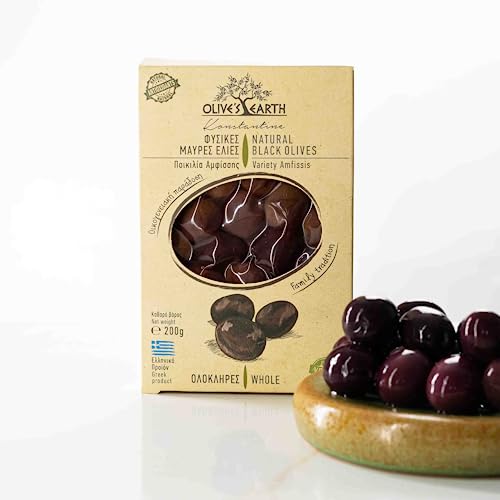 Olive’s Earth Greek Natural Black Whole Olives Variety Amfissis 200g, Pack of 4 x 200 g (Total: 800g) (Packung mit 2)