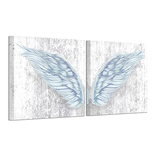 Apicoture Angel Wings Canvas Wall Art - Contemporary White Angel Feathers Artwork Painting Prints Wall Decor Framed For Kids Bedroom Living Room 12X12Inchx2Pcs #TOP26