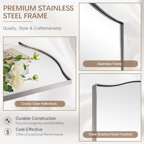 Image of ANDY STAR Brushed Nickel Mirror, 24 inchx36 inch Silver Scalloped Wall Mirror for Bathroom, Curved Edge Design with SUS304 Stainless Steel Metal Frame, Ideal for Bathroom, Bedroom, Entryway