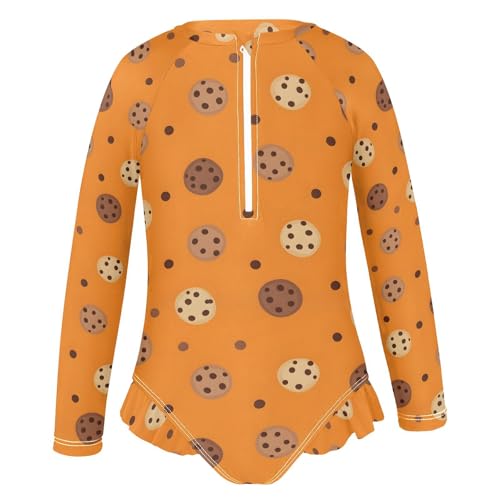 Cookie Pattern on Orange Girls Rash Guard Swimsuits Long Sleeve One Pieces Bathing Suit UPF 50+ Zipper Swimwear2