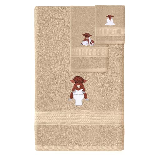 Hillsuren 3-teiliges Highland Cow Badezimmer-Handtuch-Set, Bauernhaus, Bestickt, Hochlandkuh, Handtücher, Vintage, dekorativ… – Ansicht 1