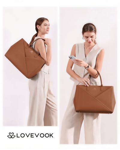 Image of LOVEVOOK Laptop Work Tote Bag for Women with Large Cup Holder, 16 Inch | Computer Bags Business Office Briefcase Handbag, Teacher Tote Bag, Double Laptop Protection, PU Leather, Large Capacity