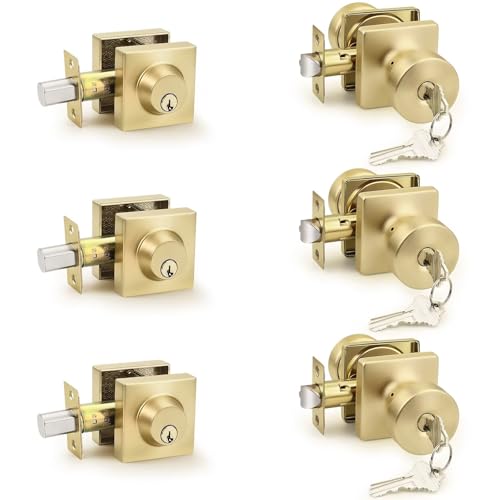 Probrico Exterior Entry Door Knobs 3 Pack with Keys, Brushed Gold Door Lockset for Front Door/Office/Bedroom/Bathroom, Heavy Duty Gold Door Knob and Deadbolt Set