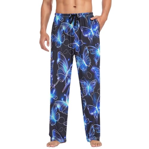Mens Pajama Pants Blue Butterfly Soft Lounge Sleep Pj Bottoms with Drawstring Pockets