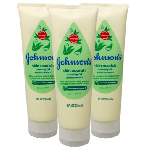 Johnson's Baby Creamy Oil with Aloe &amp; Vitamin E, Moisturizing Baby Body Lotion for Delicate Skin, Hypoallergenic and Free of Parabens, Phthalates, and Dyes, 8 Fl Oz, Pack of 3