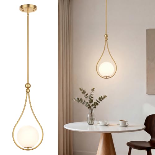 Image of Gold Pendant Lights Kitchen Island with Milky White Globe Glass, 1 Pack | Mid Century Adjustable Hanging Pendant Light Fixtures