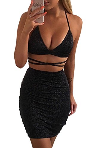 Las 2 Piezas Brillantes Trajes De Falda Bodycon Sujetador Halter Peleles Black M