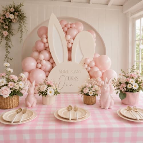 Image of Blue Orchards Pink Gingham Table Cover (Pack of 3 with 20 Glue dots) - 54 inchx108 inch XL - Pink and White Checkered Plaid Picnic Tablecloth, Baby & Bridal Shower Decoration, Outdoor Birthday Party Supplies